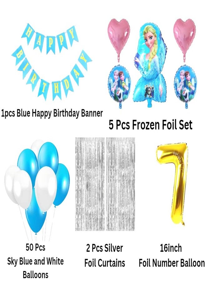 Flyloons 7th Frozen Elsa theme birthday decorations items for Girls with Elsa Anna olaf Foil Balloon,Light Pink Star Foil,Sky Blue White Balloons, Silver Foil Curtains kit, Foil Balloon number 7 - Image 2